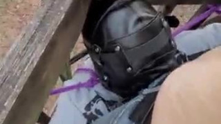 Masked bdsm slavegirl deepthroating outside
